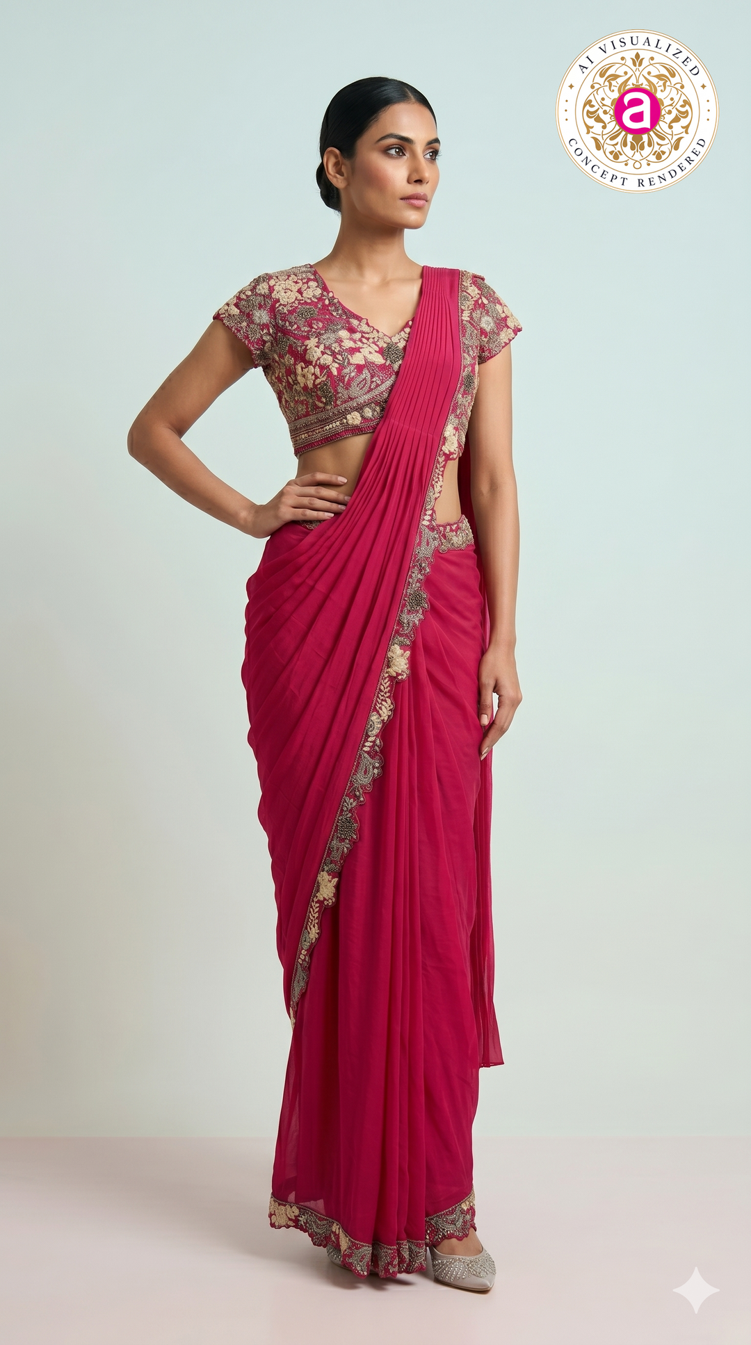 Rani Pink Ready-to-Wear Saree with Heavy Embroidered Blouse & Zari Border