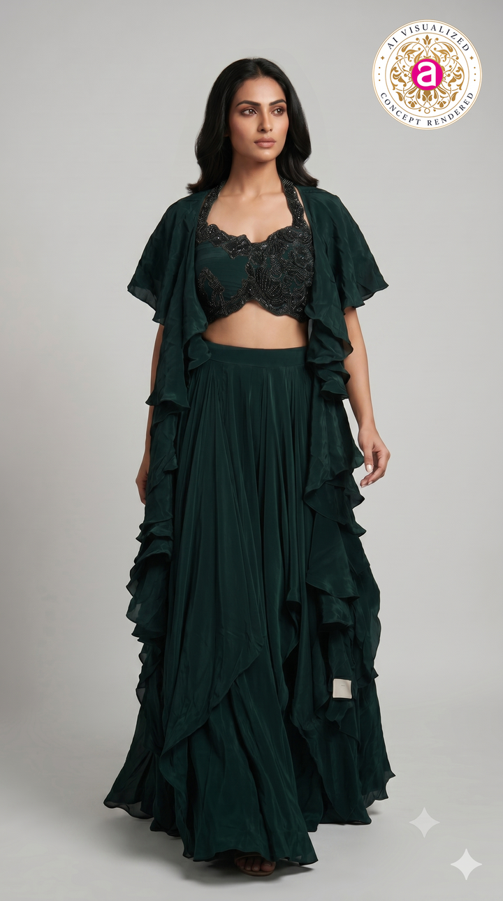 Emerald Green Ruffle Designer Lehenga Set with Embellished Blouse & Cape Jacket
