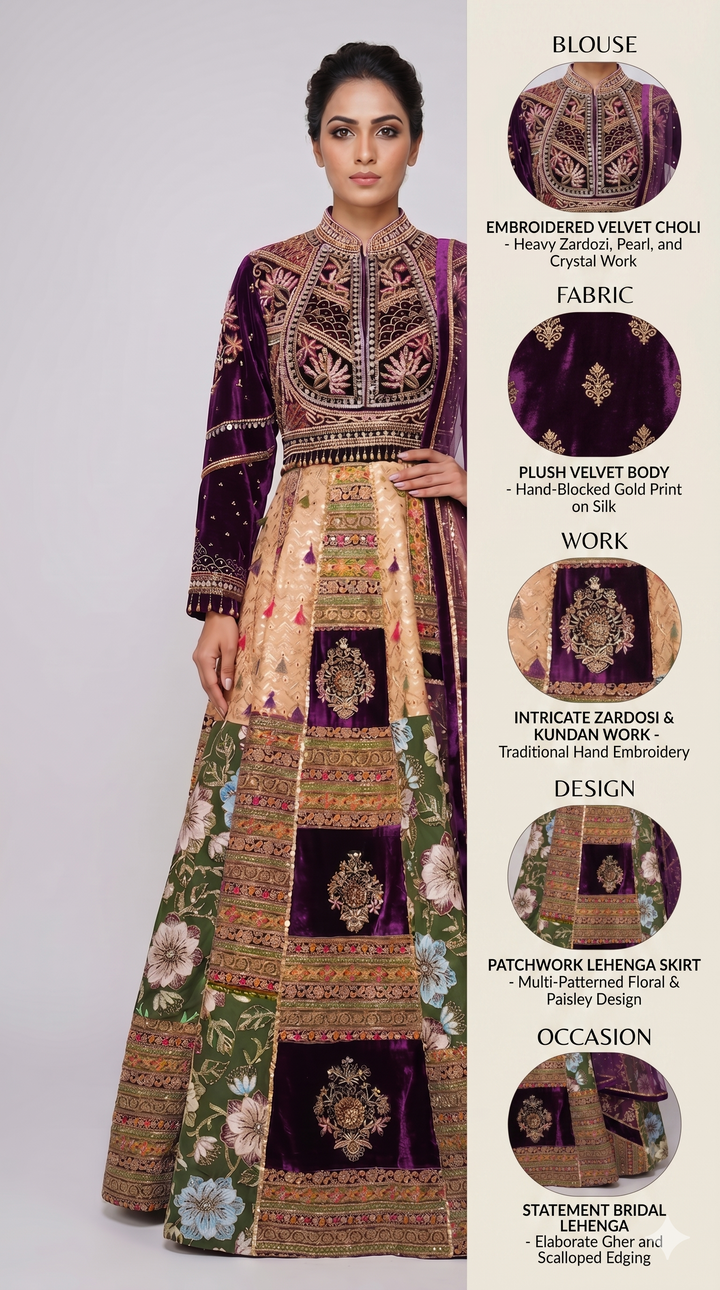 Royal Purple Velvet & Floral Panel Designer Lehenga Set with Embroidered Dupatta
