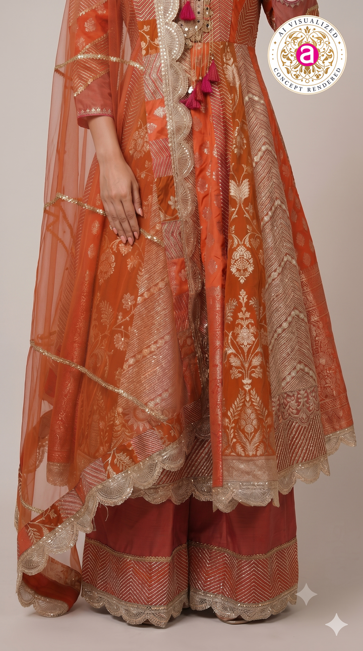 Vibrant Orange Banarasi Anarkali Suit Set with Sharara & Organza Dupatta