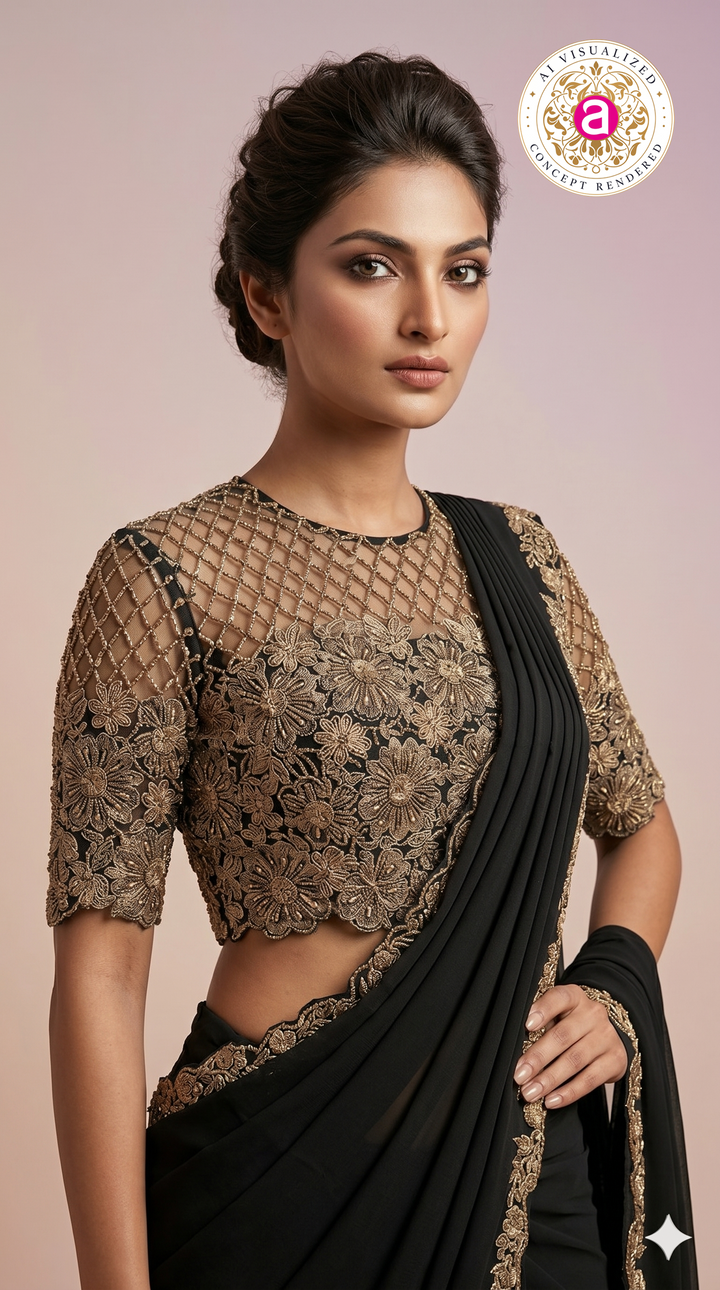 Black Designer Saree with Embroidered Blouse & Statement Border