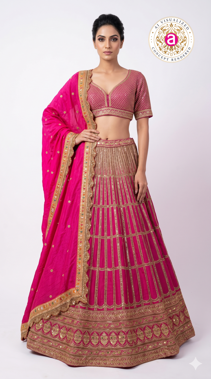 Rani Pink Embroidered Lehenga Choli with Zari Work & Dupatta