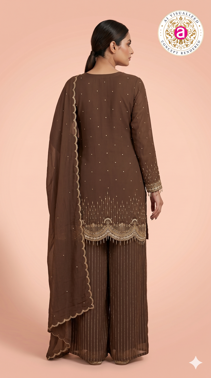 Chocolate Brown Embroidered Kurta Palazzo Set with Dupatta