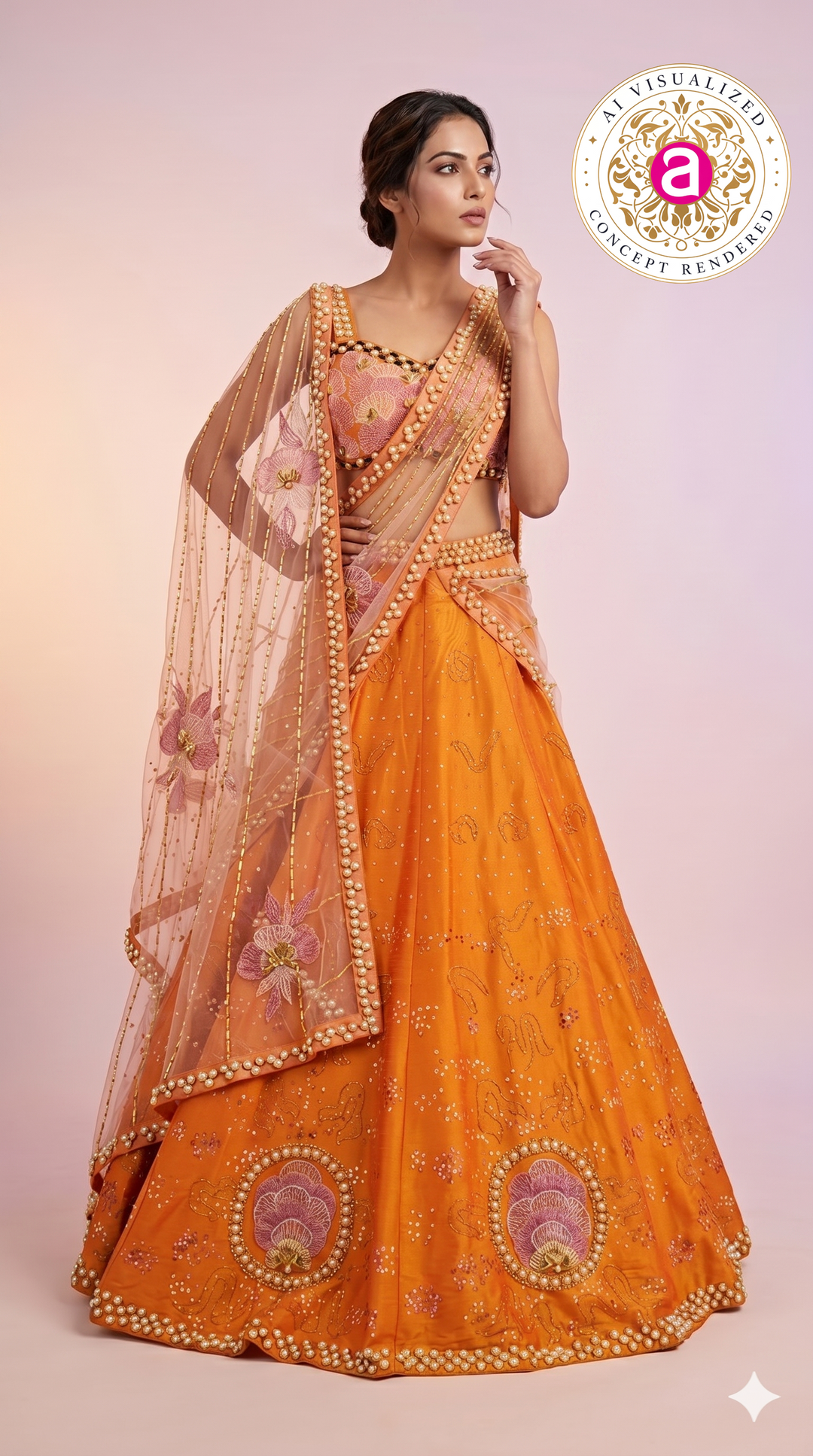 Sunset Orange & Blush Pink Embroidered Designer Lehenga Choli with Net Dupatta