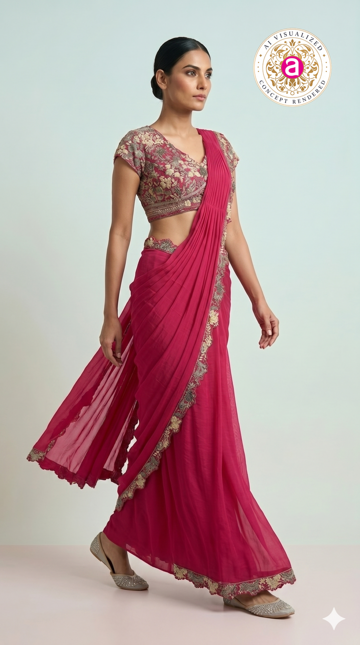 Rani Pink Ready-to-Wear Saree with Heavy Embroidered Blouse & Zari Border