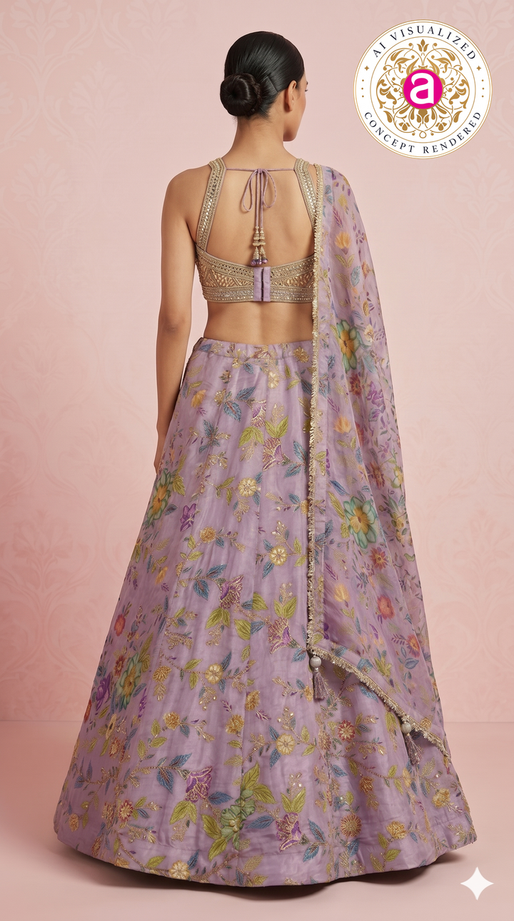 Lavender Floral Embroidered Designer Lehenga Choli with Printed Organza Dupatta