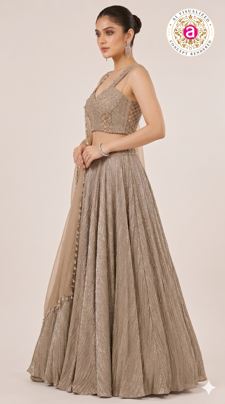 Silver Grey Jacquard Lehenga Set with Embroidered Jacket & Dupatta