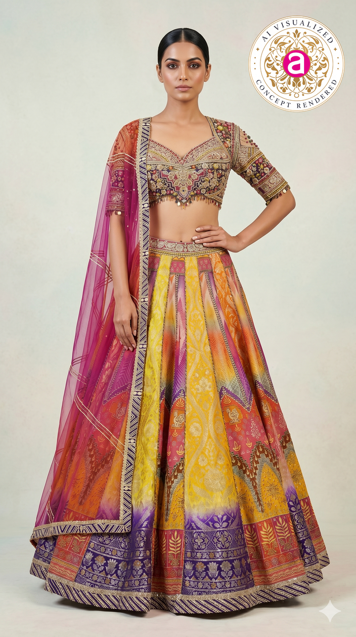 Multicolour Woven Designer Lehenga Choli with Heavy Embroidered Blouse & Pink Net Dupatta