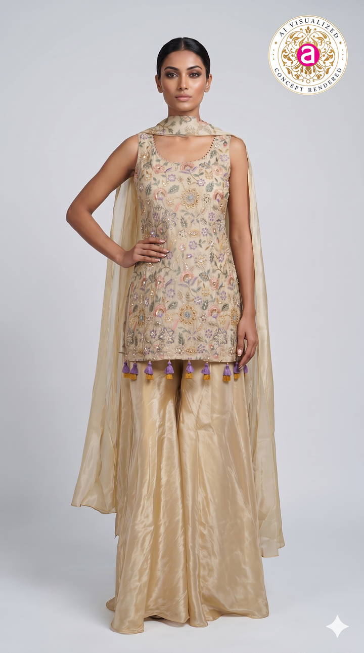 Ivory Floral Embroidered Kurta with Palazzo & Organza Dupatta Set