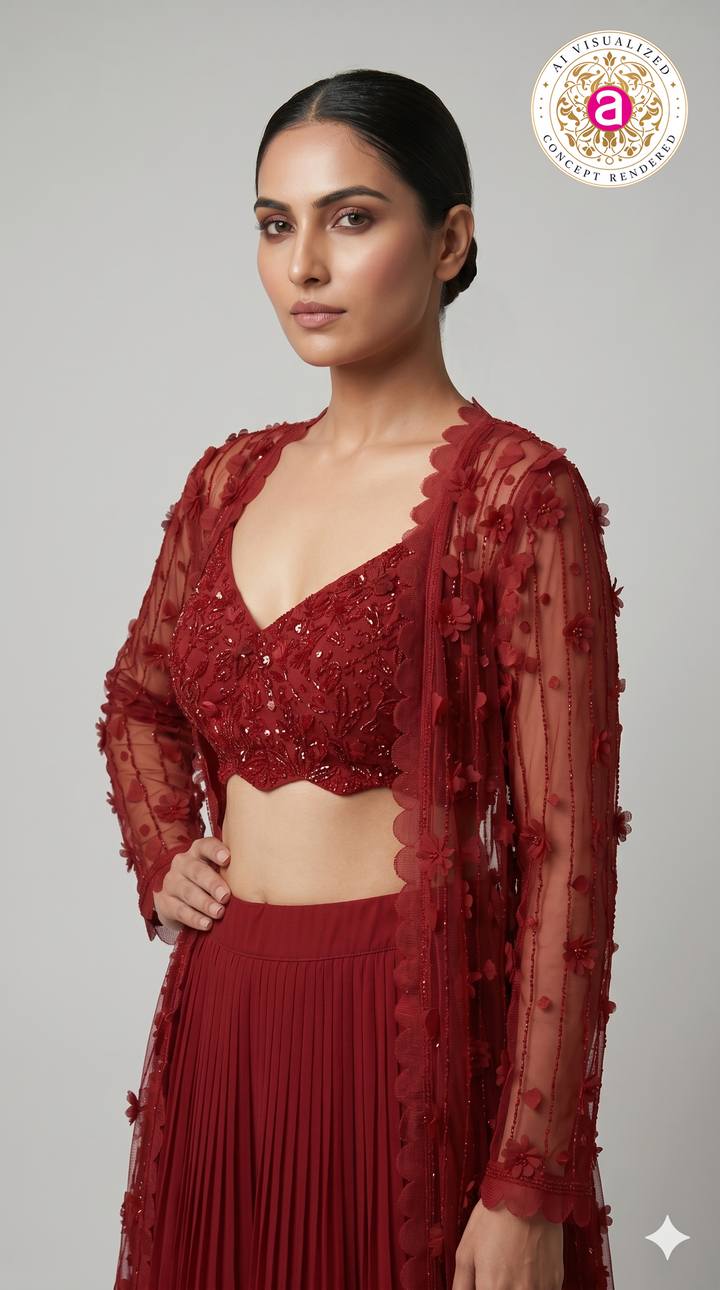 Ruby Red Embroidered Lehenga Set with Sheer Cape Jacket