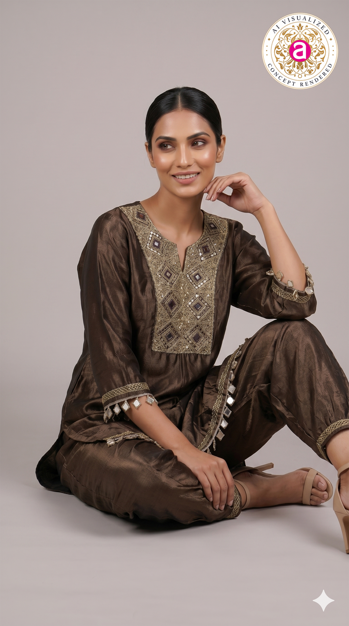 Chocolate Brown Embellished Kurta Set with Dhoti Pants