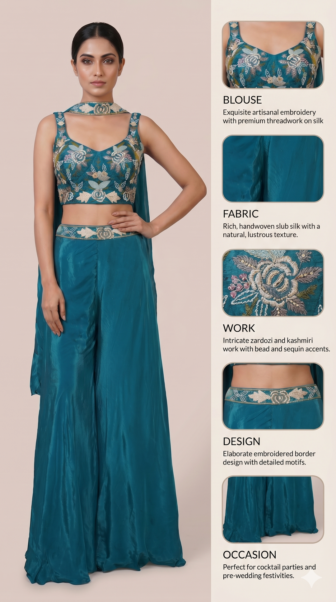 Teal Blue Embroidered Crop Top with Palazzo Pants & Cape Dupatta Set