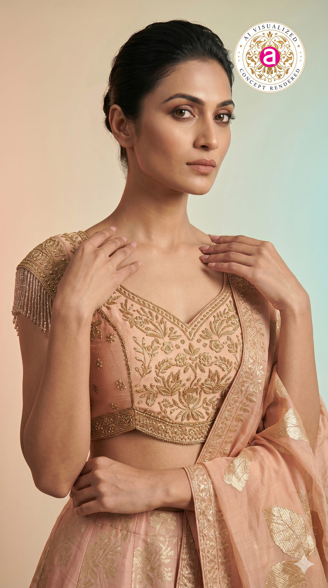 Blush Pink Silk Lehenga Choli with Gold Floral Weaving & Sheer Dupatta