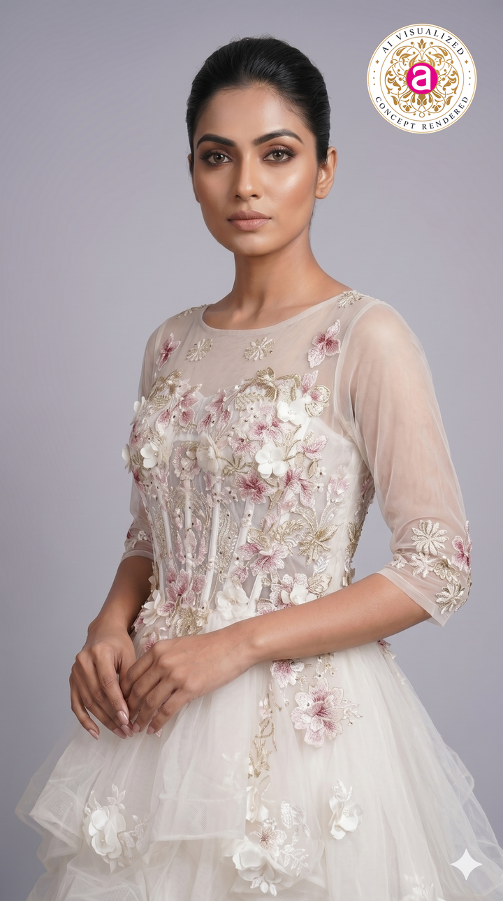 Ivory Floral Appliqué Layered Couture Ball Gown