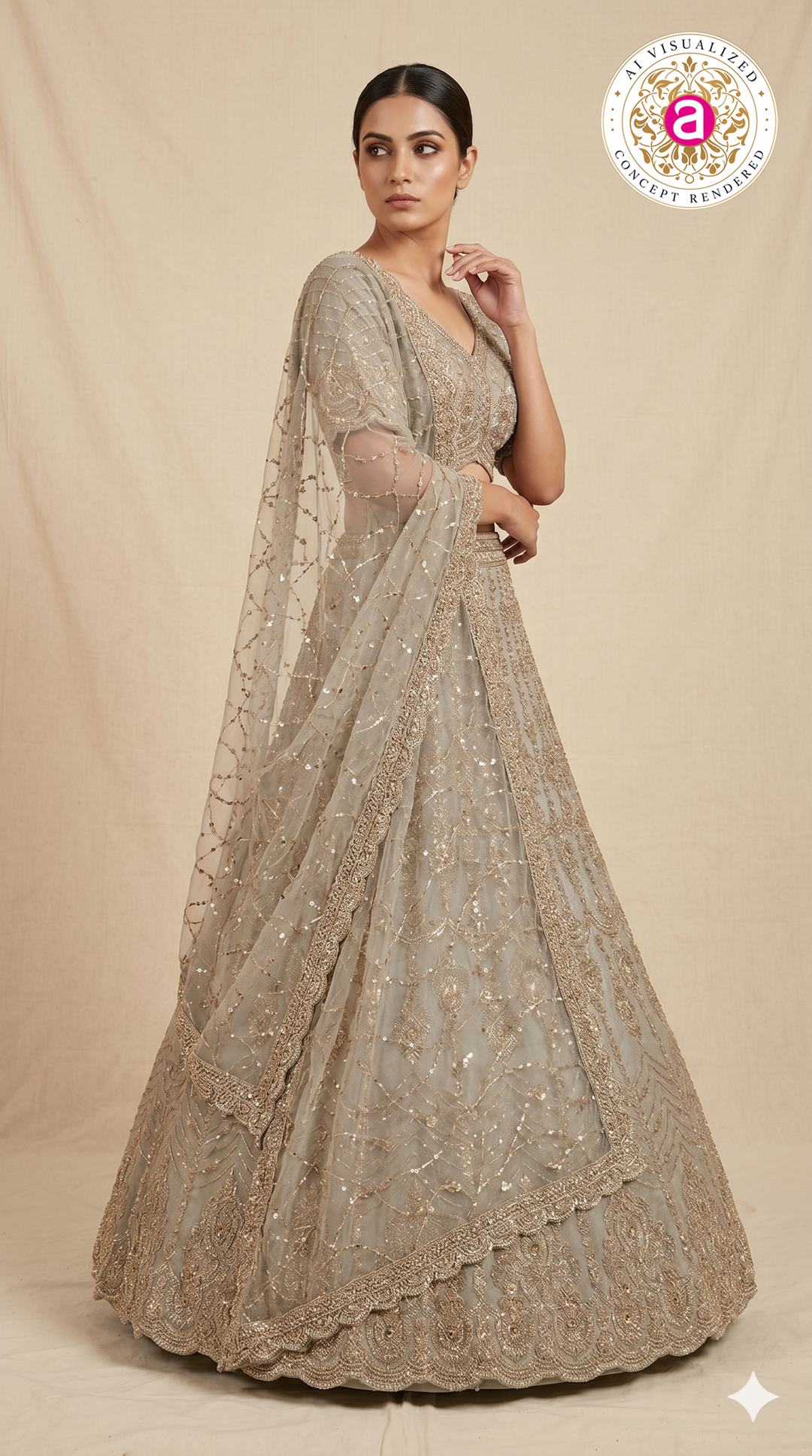 Champagne Beige Designer Lehenga Set with Sequin Embroidery & Embellished Net Dupatta