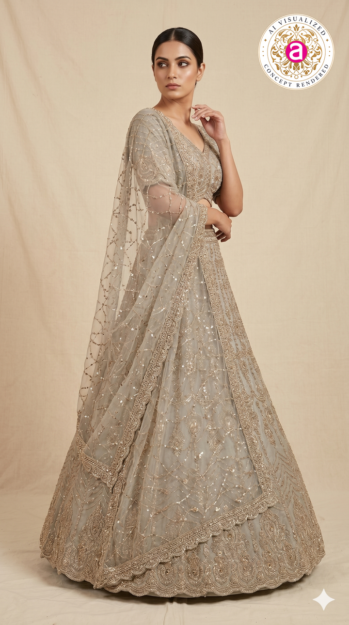 Champagne Beige Designer Lehenga Set with Sequin Embroidery & Embellished Net Dupatta