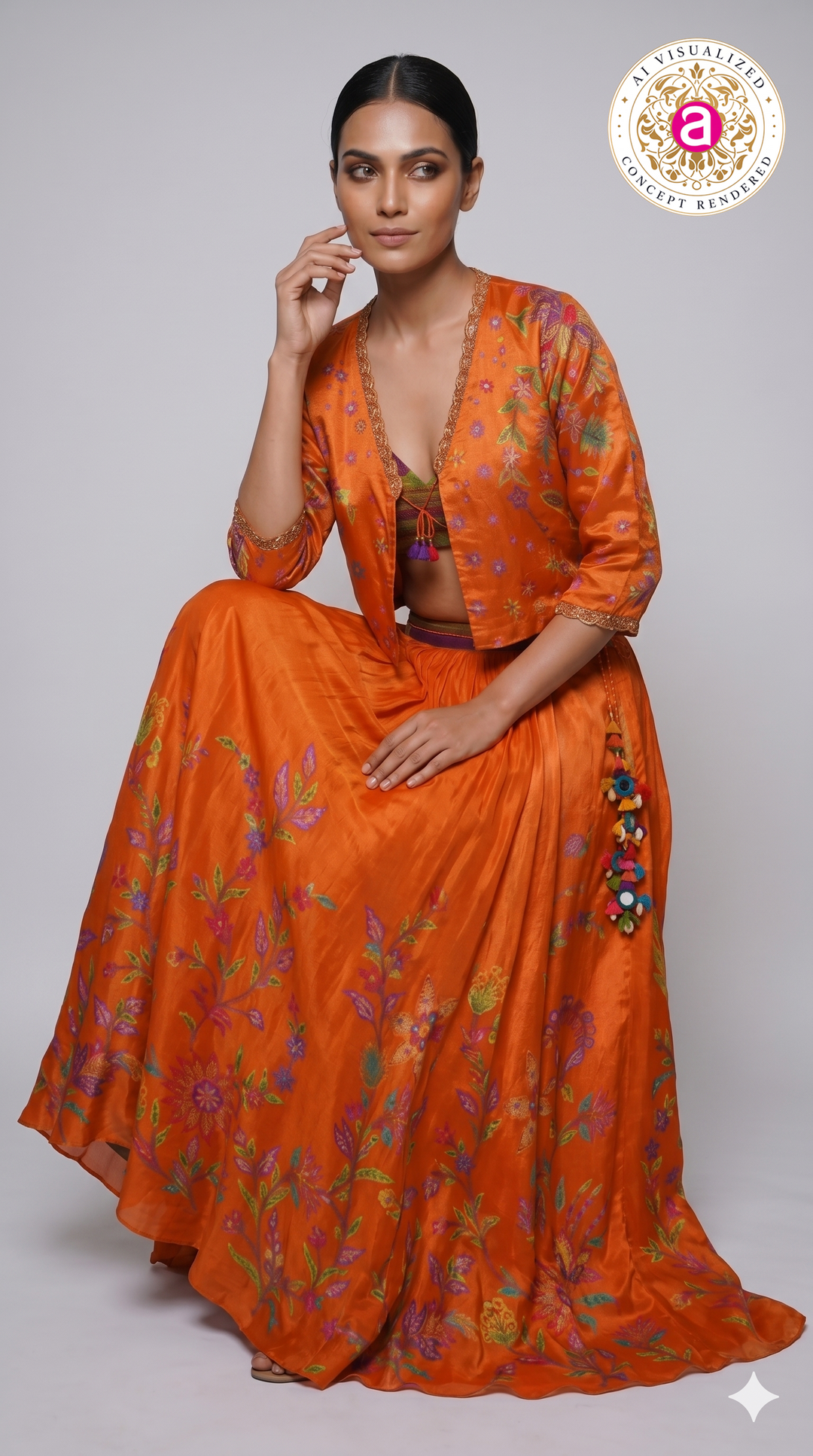 Vibrant Orange Floral Printed Indo-Western Skirt Set with Embroidered Jacket