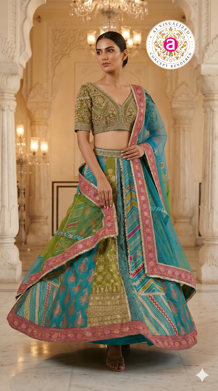 Turquoise Multicolor Designer Lehenga Set with Embroidered Blouse & Contrast Dupatta