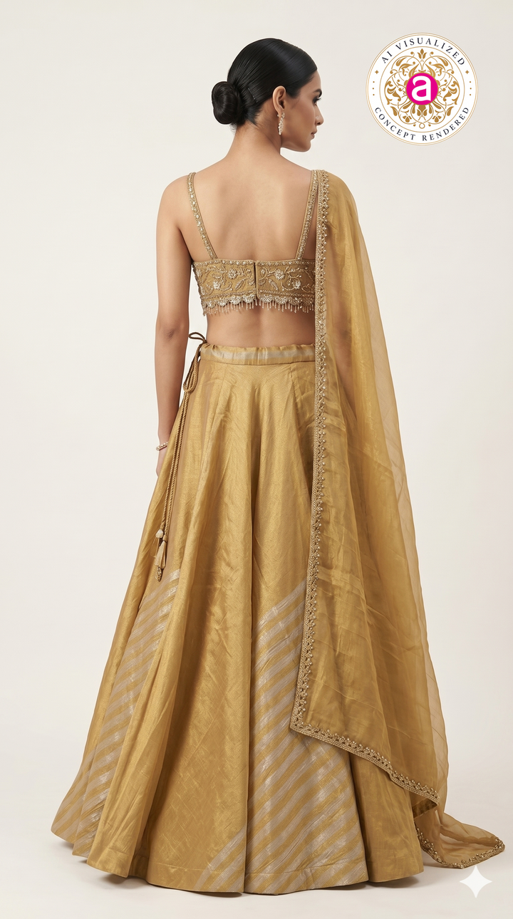 Golden Silk Lehenga Choli with Embellished Bustier & Sheer Dupatta