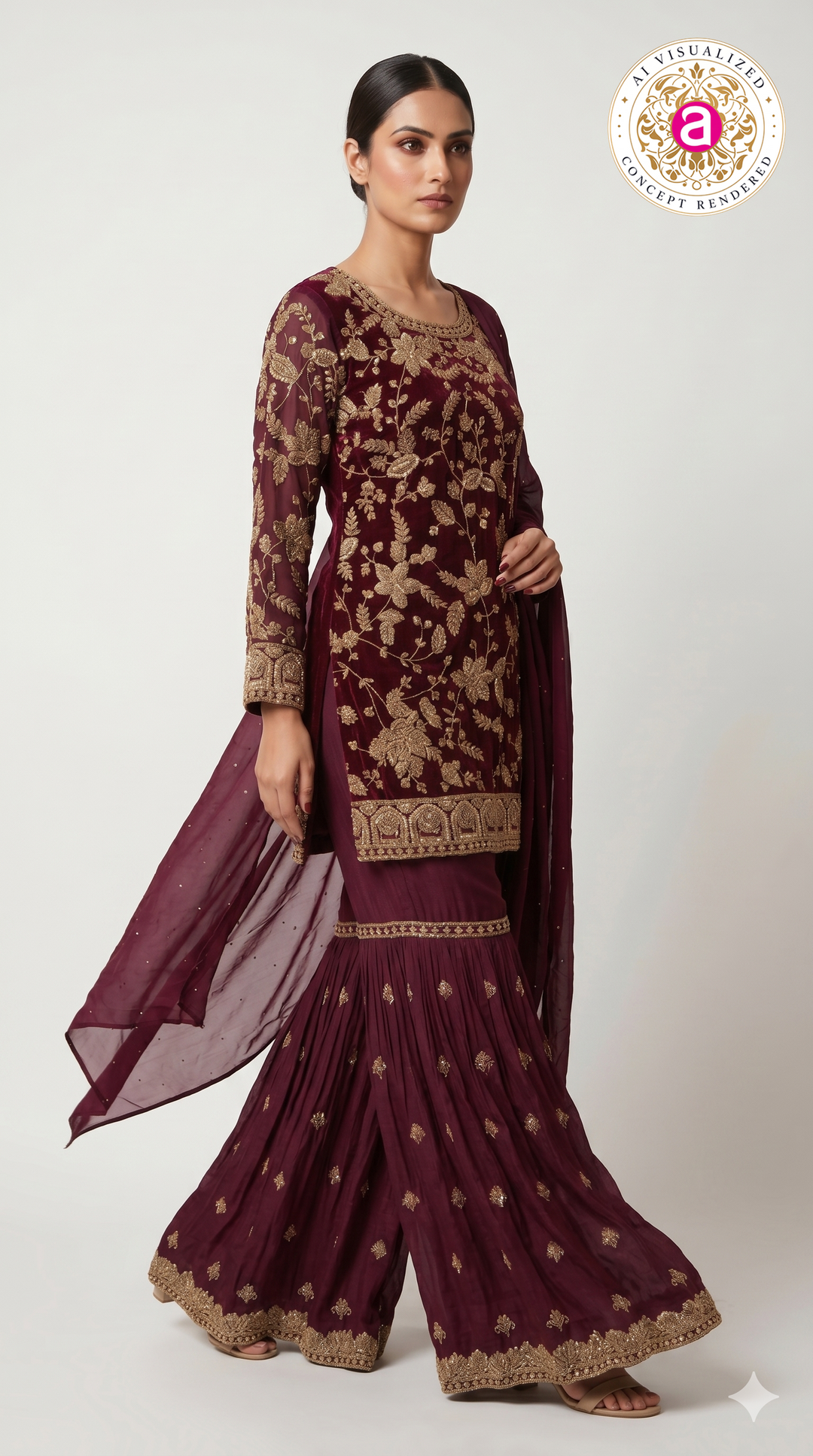 Deep Wine Embroidered Kurta Sharara Set with Dupatta