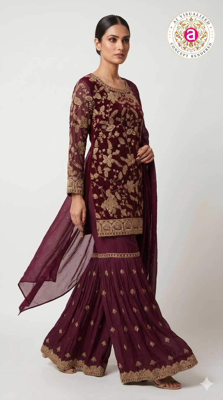 Deep Wine Embroidered Kurta Sharara Set with Dupatta