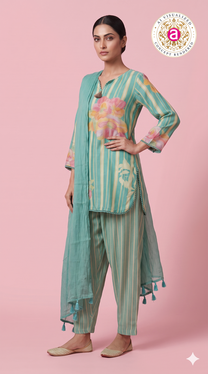 Aqua Blue Floral Printed Straight Kurta Set with Dupatta