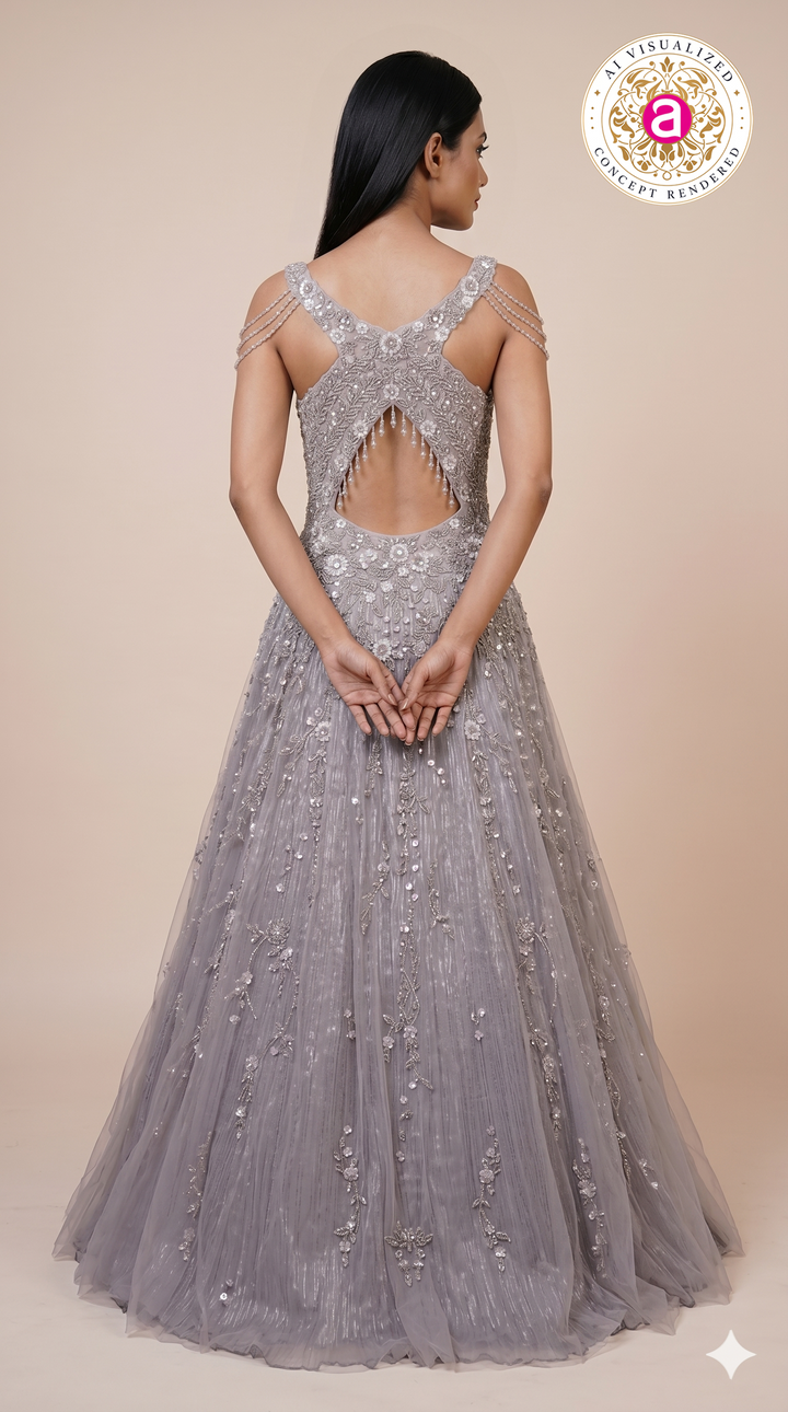 Lilac Silver Embroidered Princess Ball Gown with Crystal Shoulder Chains