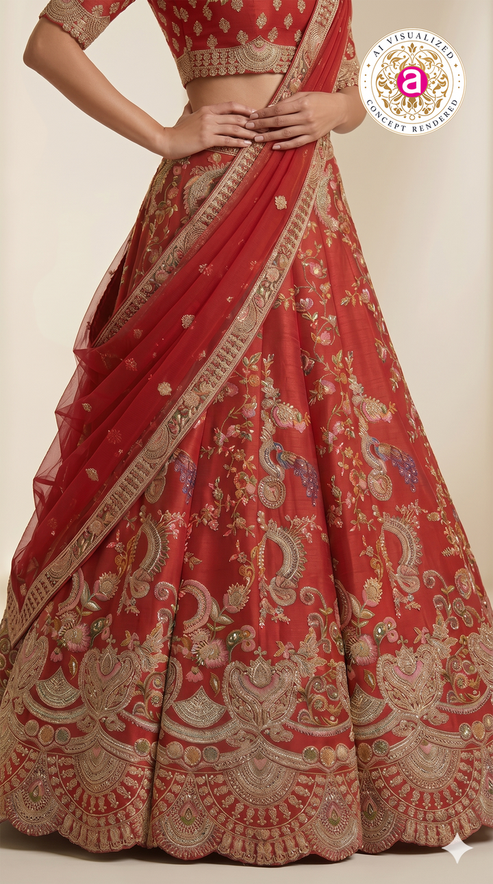 Scarlet Red Bridal Lehenga Set with Floral Zari Embroidery & Designer Net Dupatta