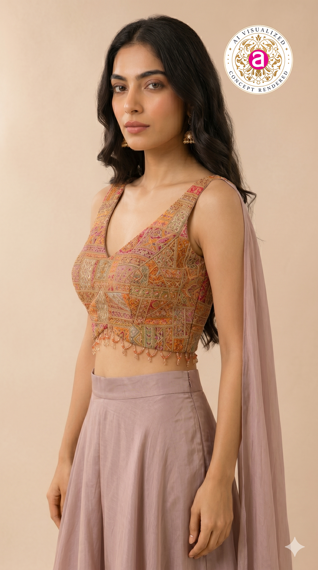 Mauve Palazzo Set with Multicolour Embroidered Blouse & Cape Dupatta