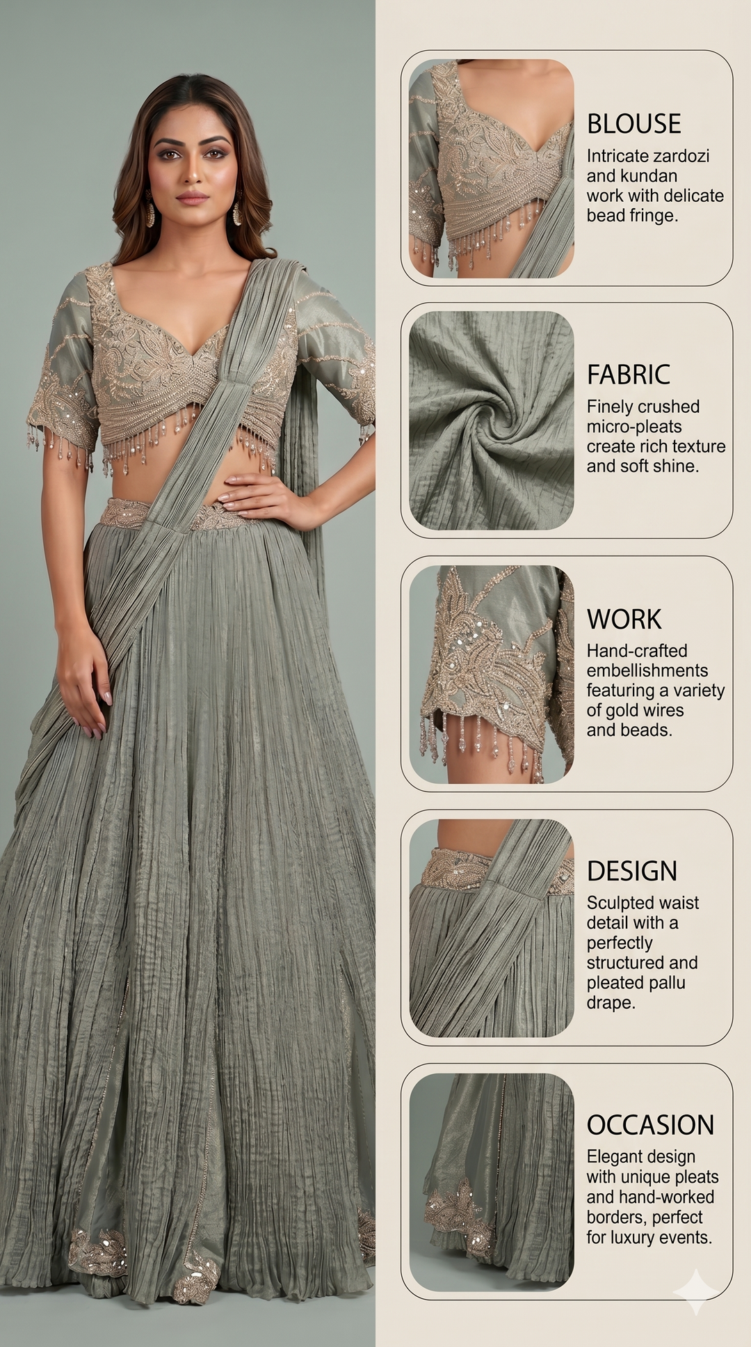 Dusty Sage Green Crushed Lehenga Set with Embroidered Blouse & Drape Dupatta