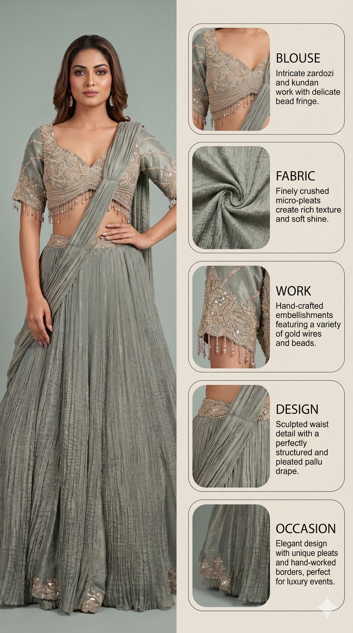 Dusty Sage Green Crushed Lehenga Set with Embroidered Blouse & Drape Dupatta