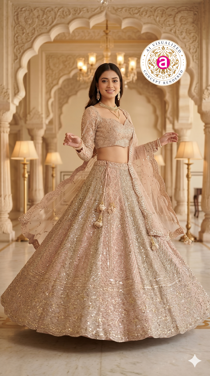 Blush Beige Designer Lehenga Set with Embellished Blouse and Net Dupatta