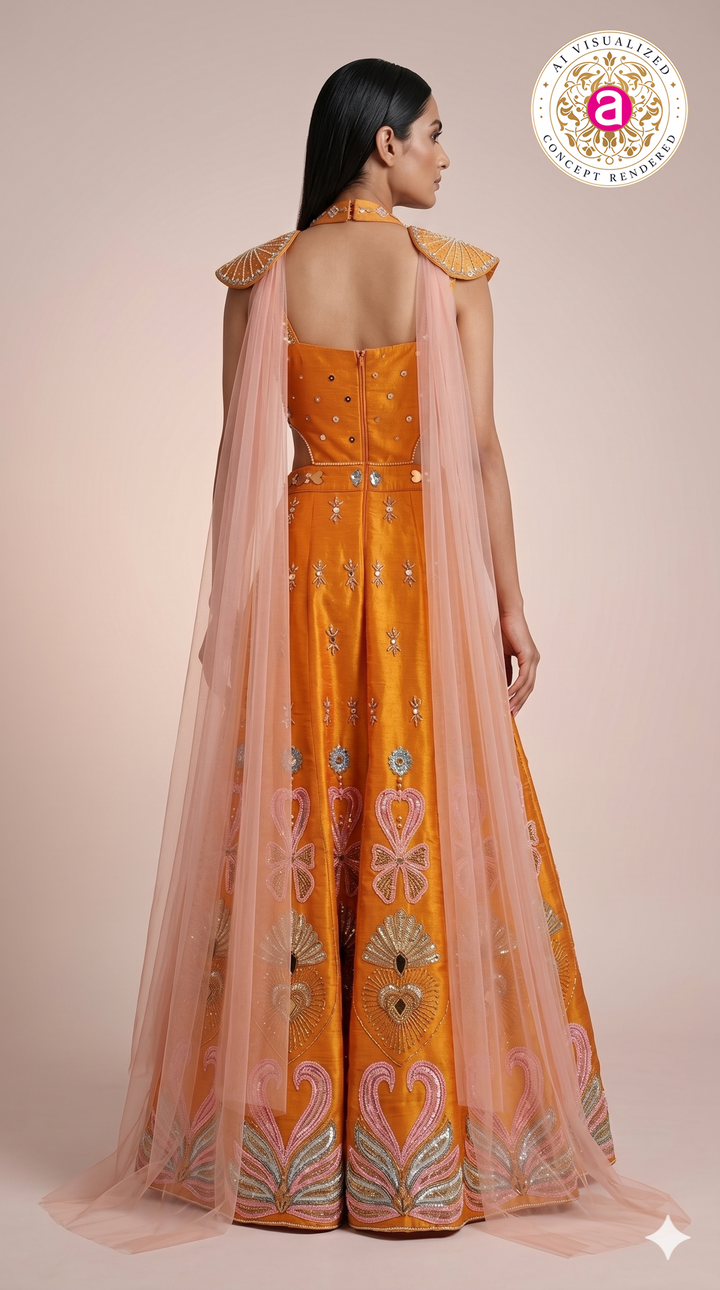 Sunset Orange Embellished Indo-Western Gown with Cape Dupatta