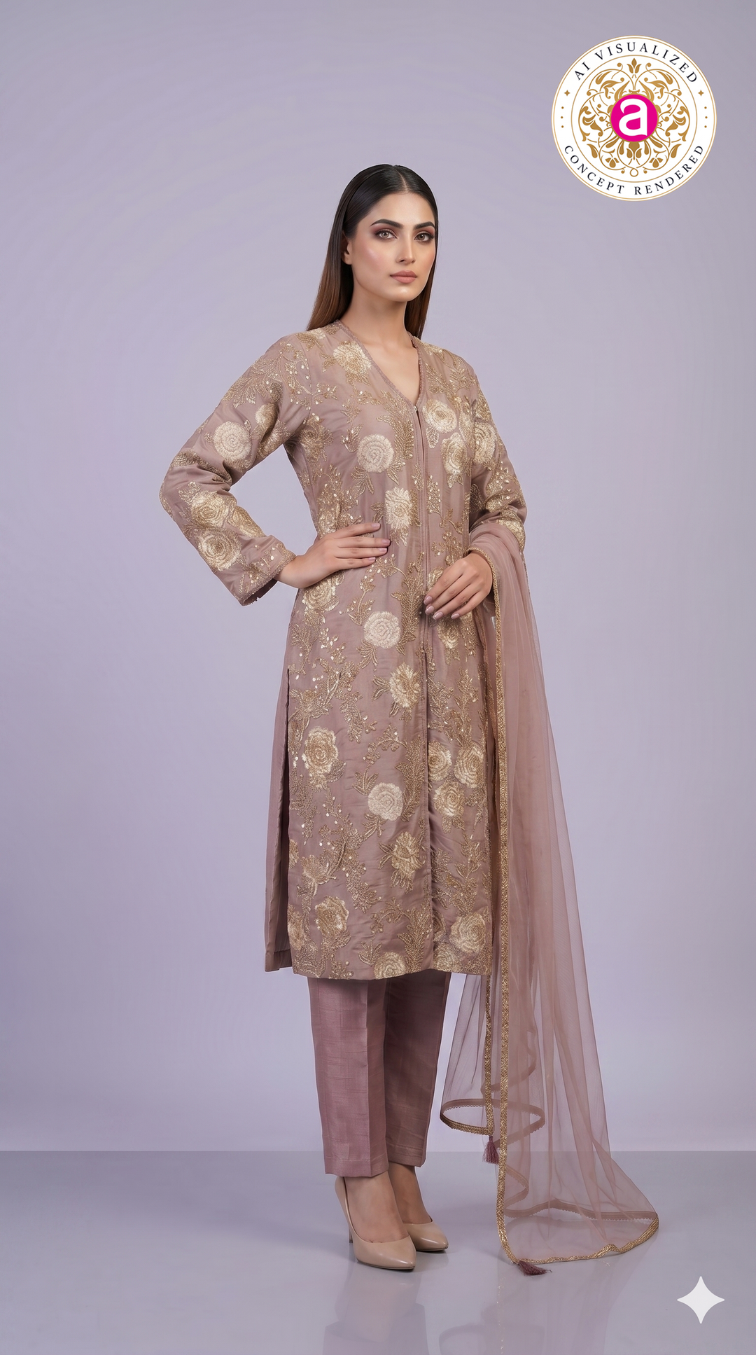 Dusty Rose Floral Embroidered Straight Kurta Set with Dupatta