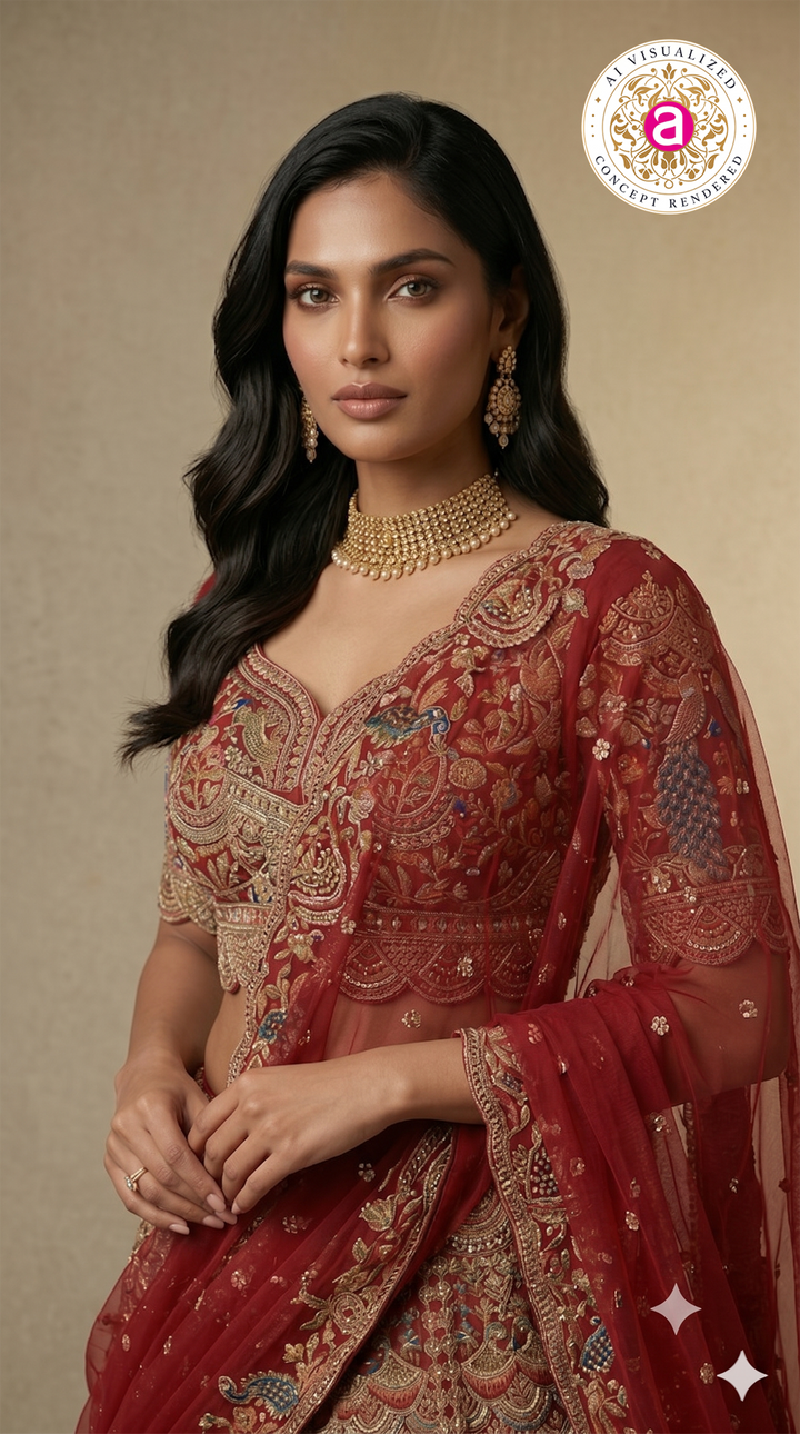 Royal Ruby Red Bridal Lehenga Set with Peacock Motifs & Heritage Zardozi Embroidery