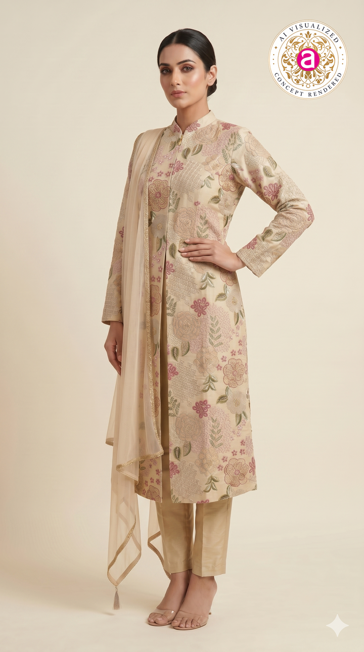 Blush Ivory Floral Embroidered Straight Suit SetBlush Ivory Floral Embroidered Straight Suit Set