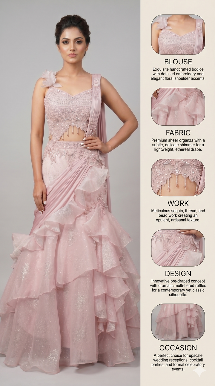 Blush Pink Embellished Ruffle Lehenga Saree with Floral Shoulder Accent