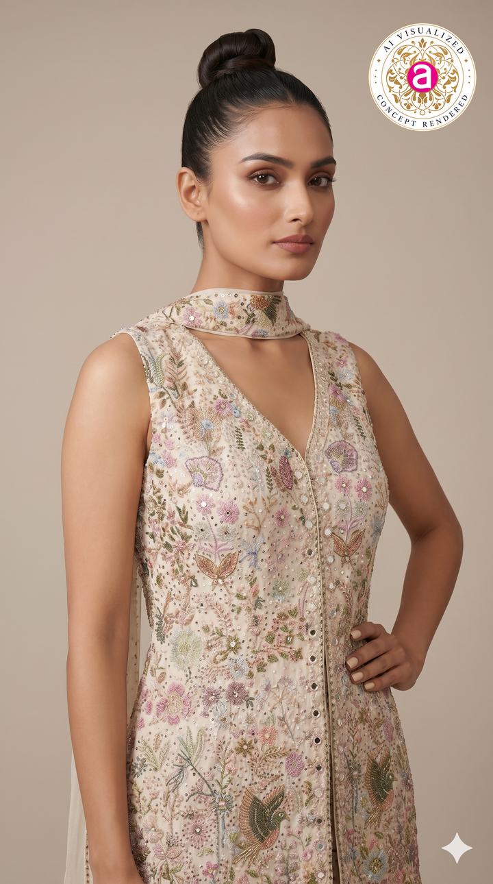 Ivory Floral Printed Indo-Western Co-Ord Set with Embroidered Waistcoat