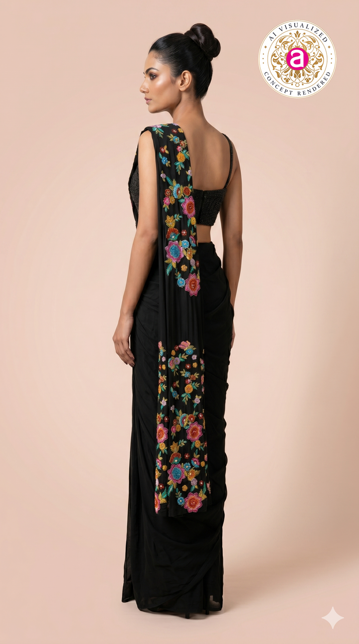 Black Ready to Wear Saree with Floral Embroidered Designer Border