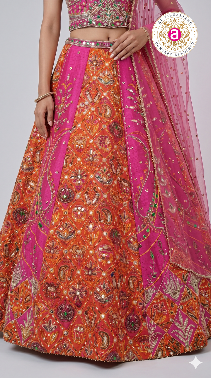 Rani Pink & Orange Embroidered Lehenga Set with Multicolor Blouse & Net Dupatta