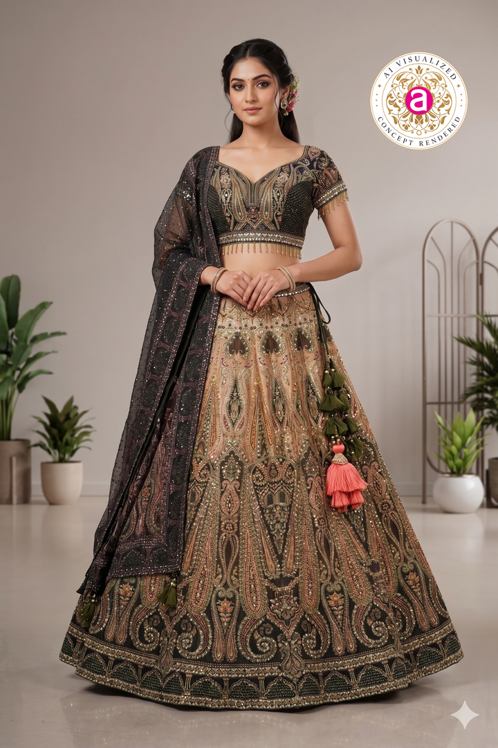 Black & Gold Designer Lehenga Set with Embellished Blouse and Dupatta