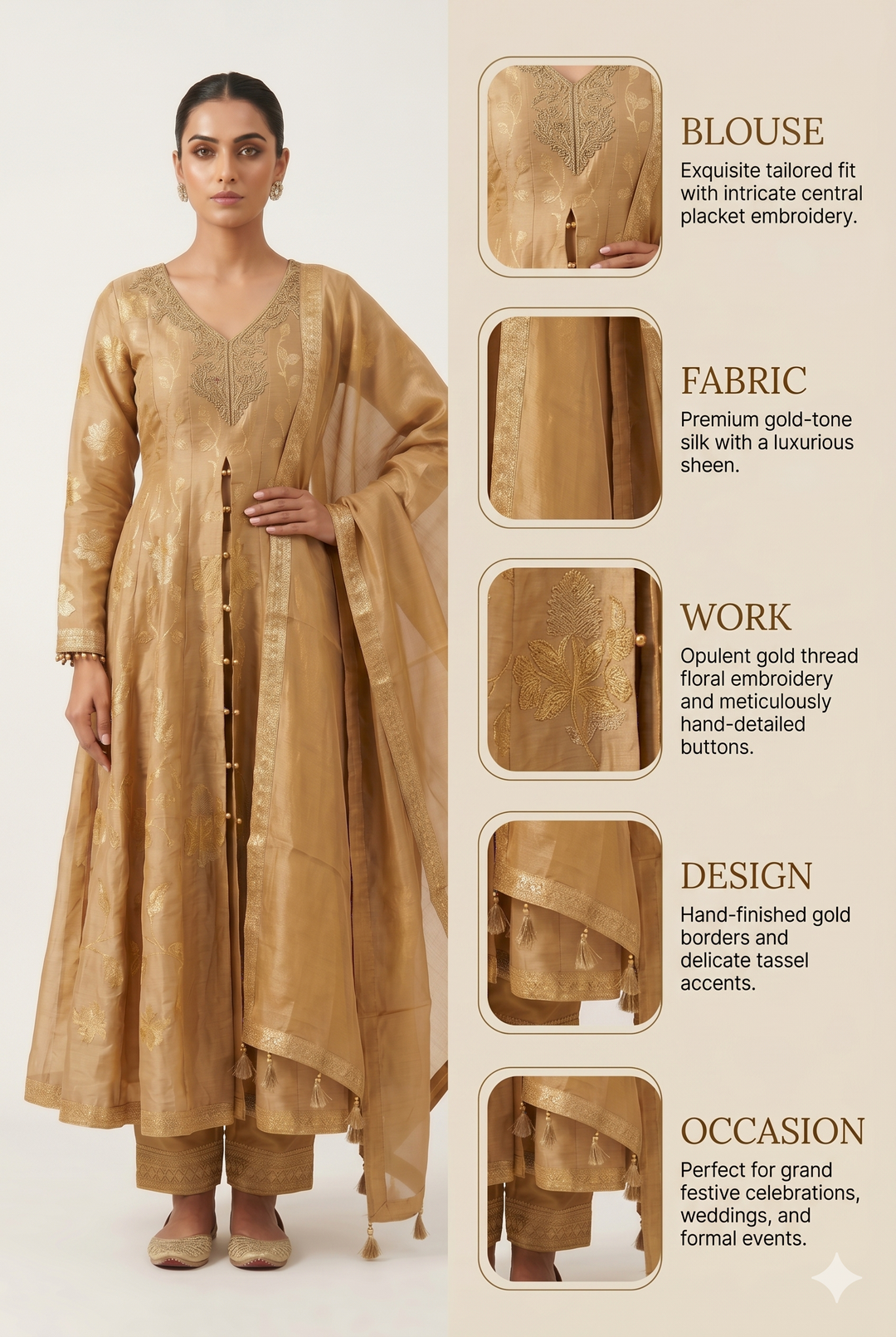 Golden Beige Floral Woven Anarkali Suit Set