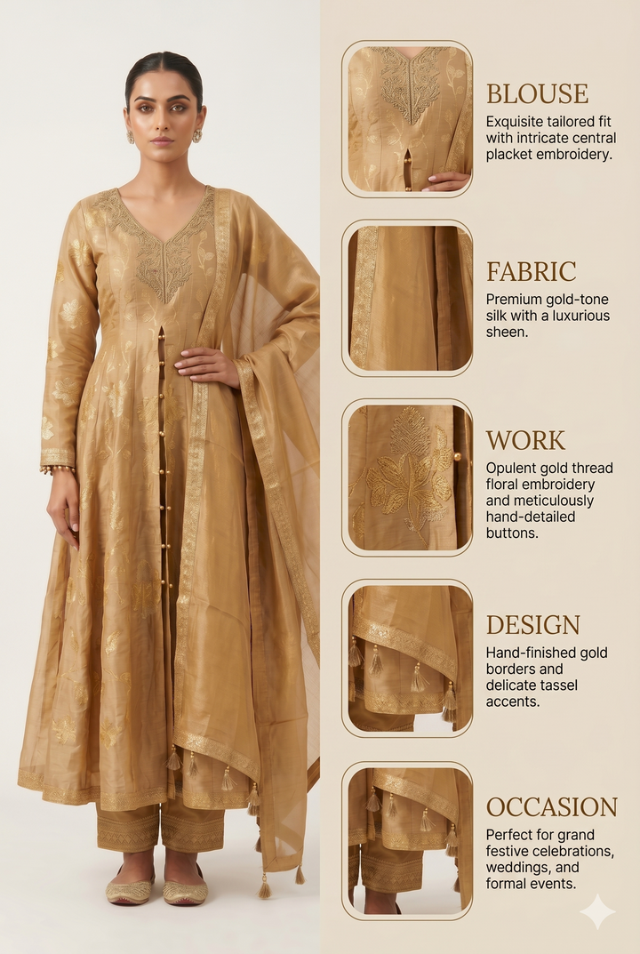 Golden Beige Floral Woven Anarkali Suit Set