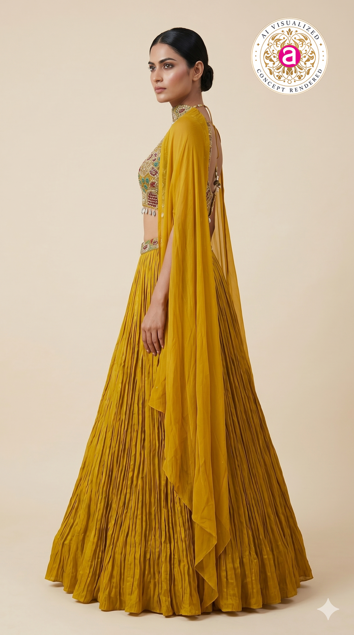 Mustard Yellow Embroidered Lehenga Set with Cape Sleeves & Choker Detail