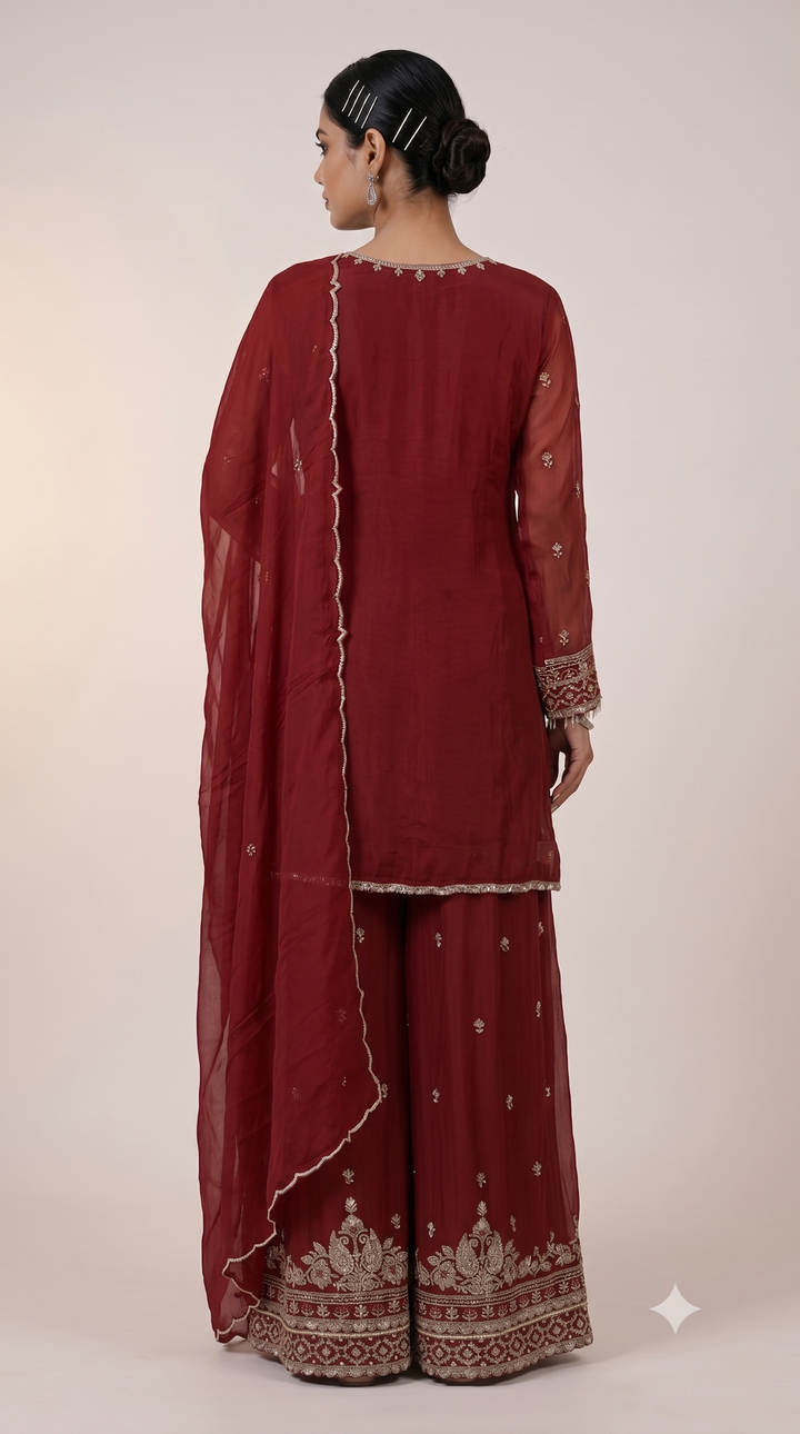 Wine Red Embroidered Kurta Sharara Set with Dupatta