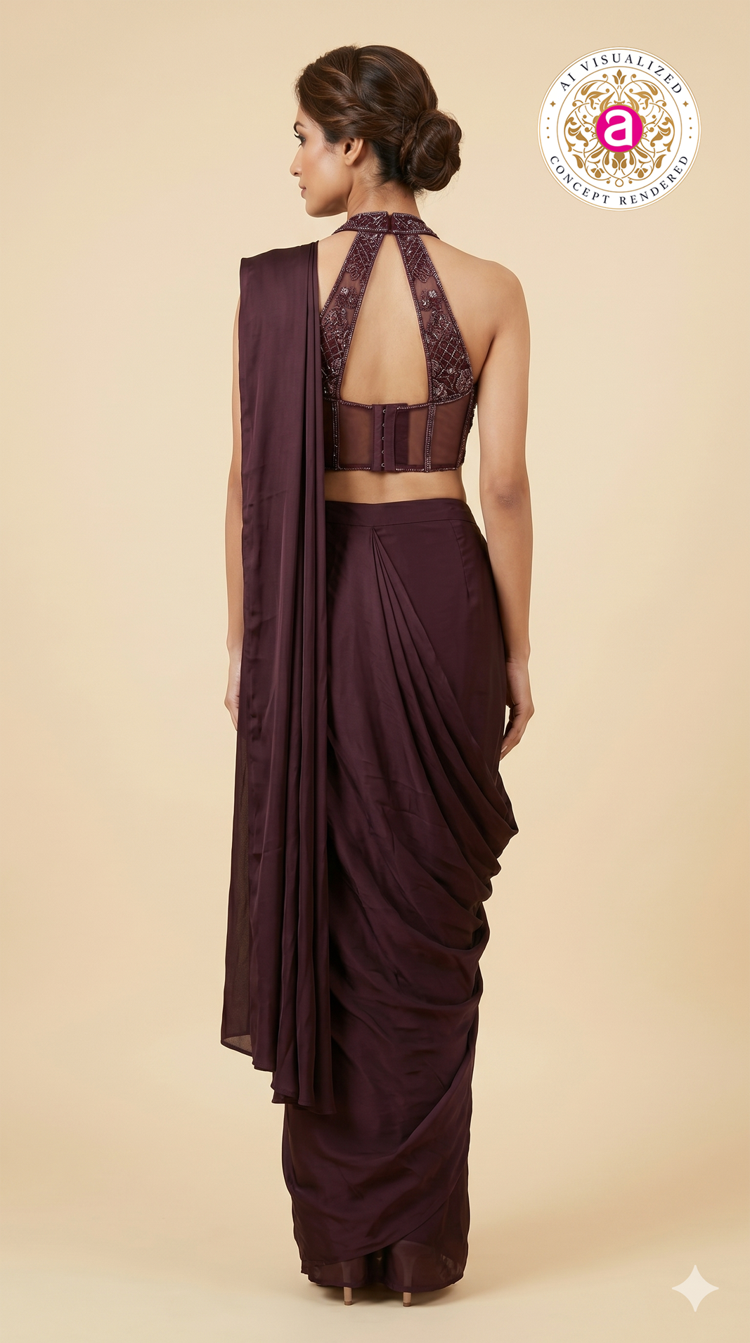 Wine Purple Ready-to-Wear Draped Saree with Embellished Halter Blouse