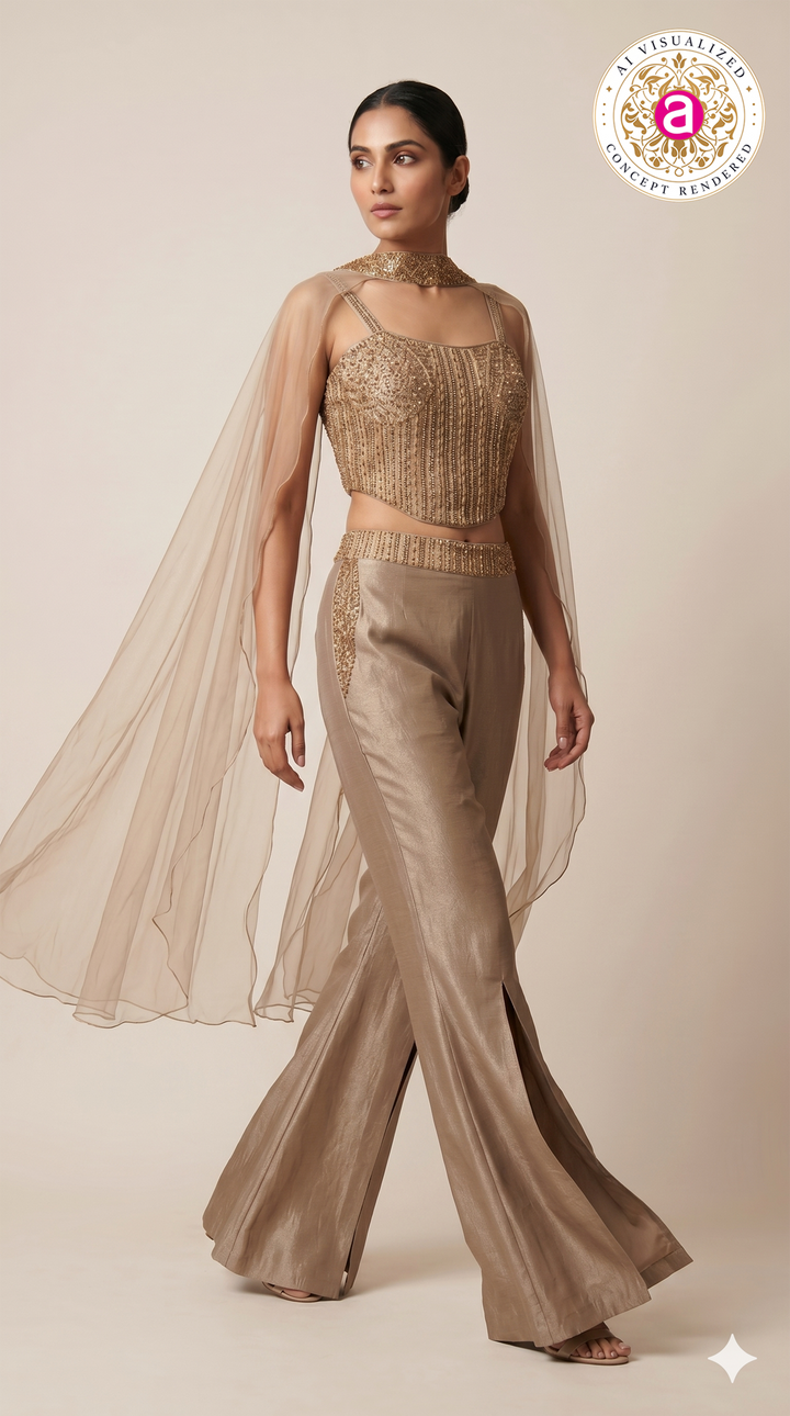 Champagne Gold Embellished Co-Ord Set with Cape Dupatta