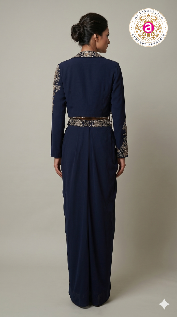 Midnight Navy Indo-Western Drape Set with Embroidered Jacket