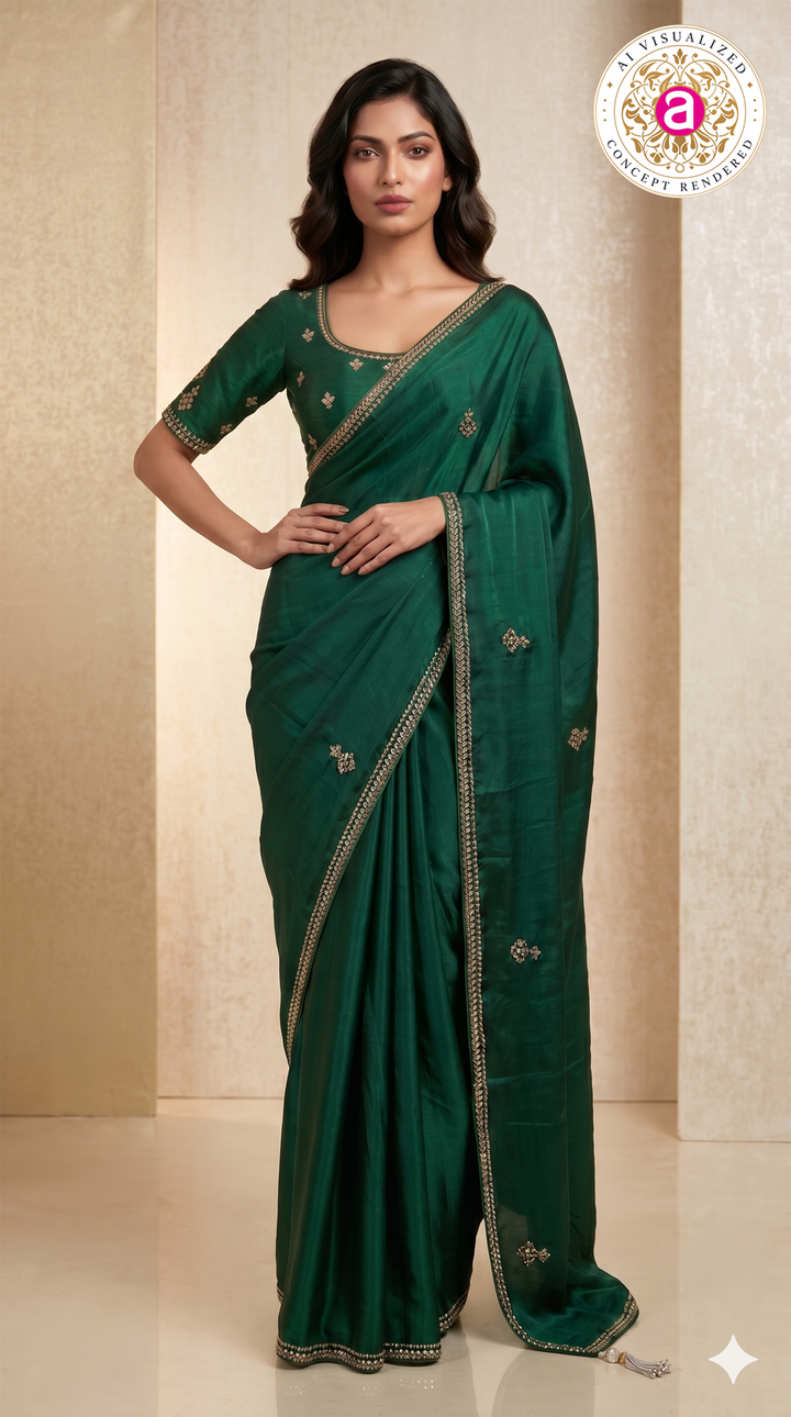 Emerald Green Hand-Embellished Designer Saree with Mirror Work Blouse