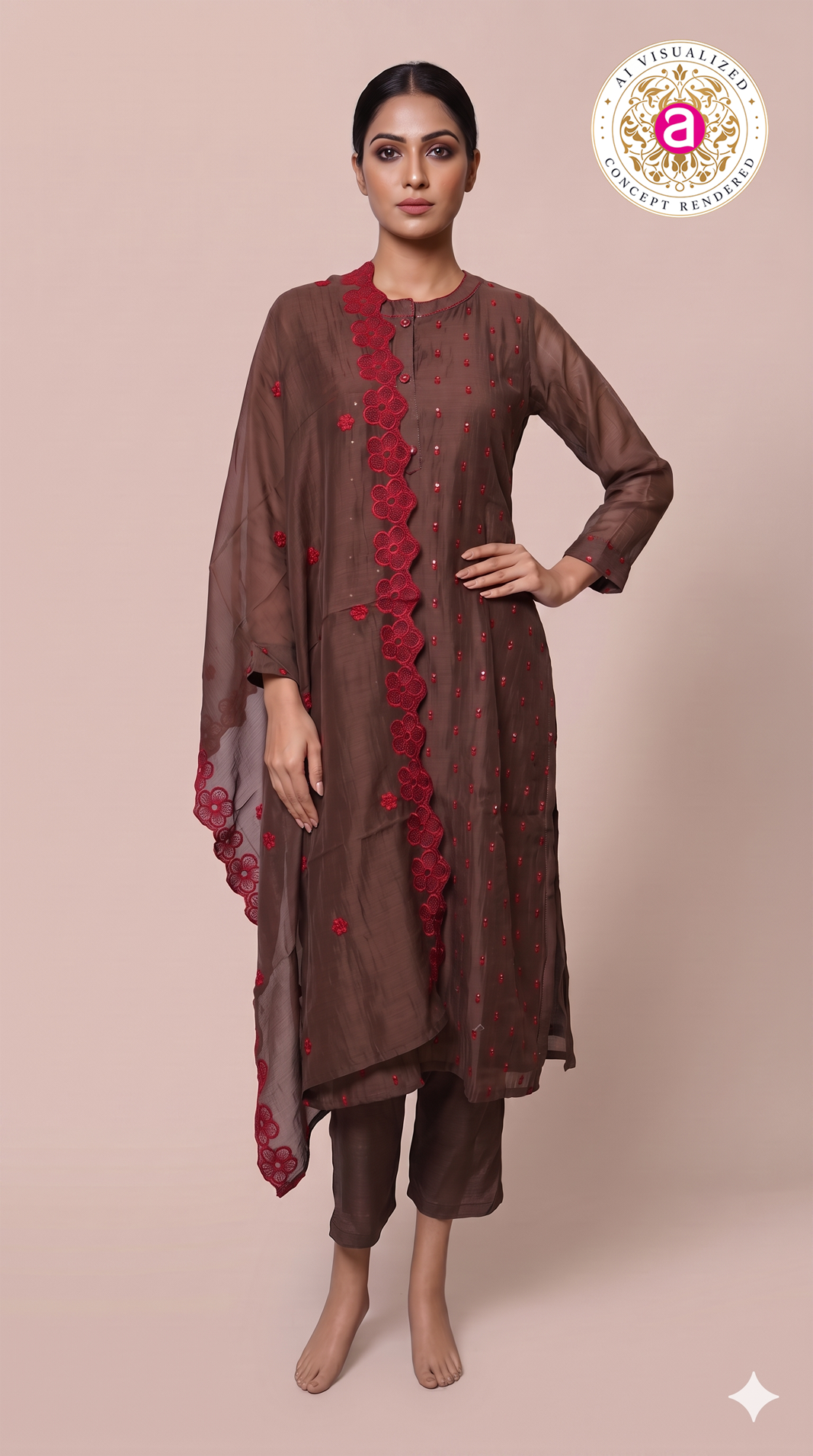 Coffee Brown Embroidered Kurta Pant Set with Dupatta
